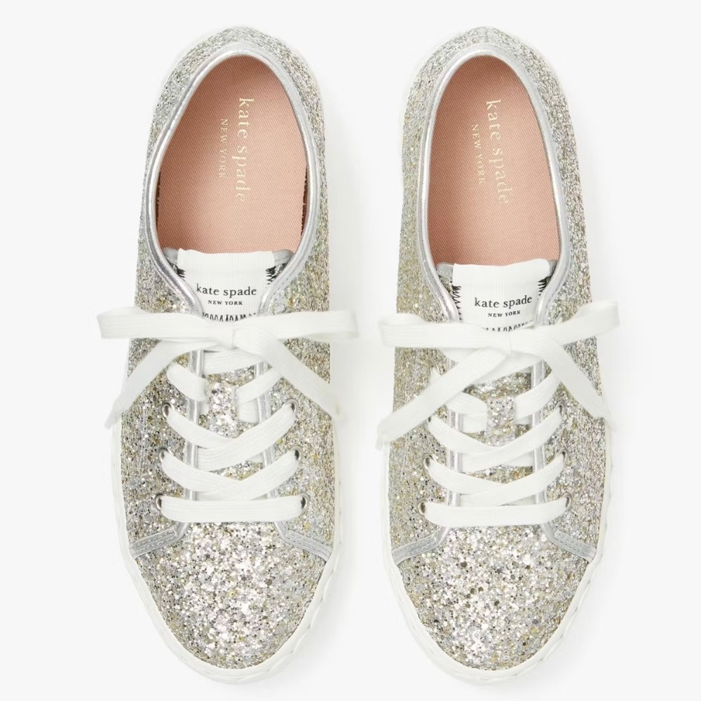 KATE SPADE Vale Silver Glitter Lace up Wedding Bridal Sneakers Loafers 8